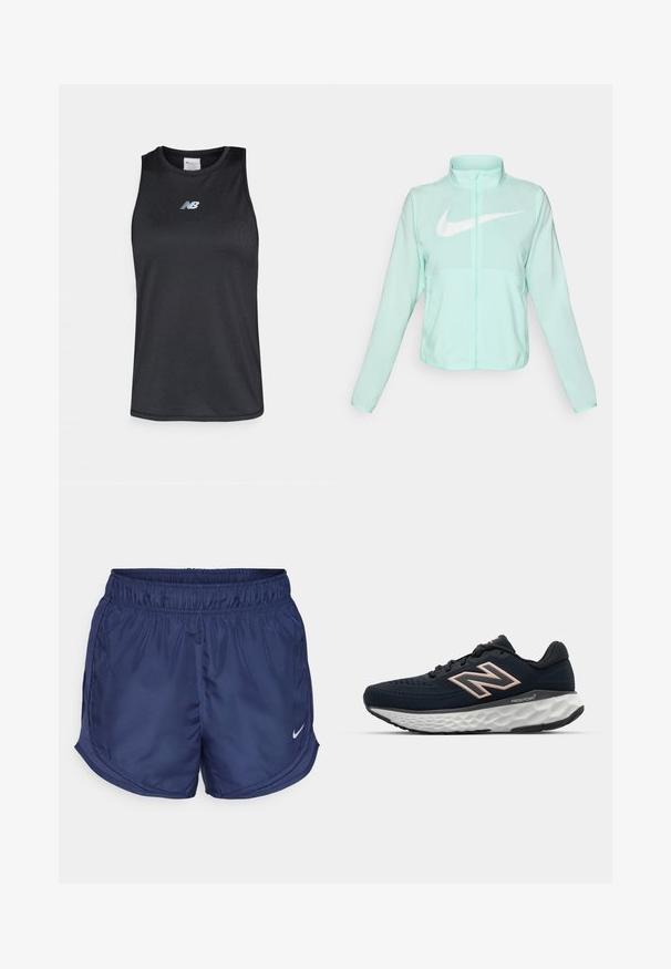 Mėtų žalios spalvos Nike striukė su aukštu apykakle, pilnu užtrauktuku, ilgomis rankovėmis ir ryškia balta swoosh logotipu krūtinėje. Lengvas audinys.; Juodas besiūlis sportinis marškinėlis be rankovių, pagamintas iš lygios medžiagos, su apvaliu kaklu ir subtiliu atspindinčiu logotipu ant krūtinės.; Jūriniai sportiniai šortai su elastinga juosmeniu ir šoninėmis tinklinėmis panelėmis. Apatinėje kairėje pusėje yra mažas baltas Nike logotipas.; Jūrinės mėlynos bėgimo bateliai su tinklelio viršumi, rožiniais akcentais ir tekstūruotu baltu padu. Šone matyti „Fresh Foam“ logotipas.