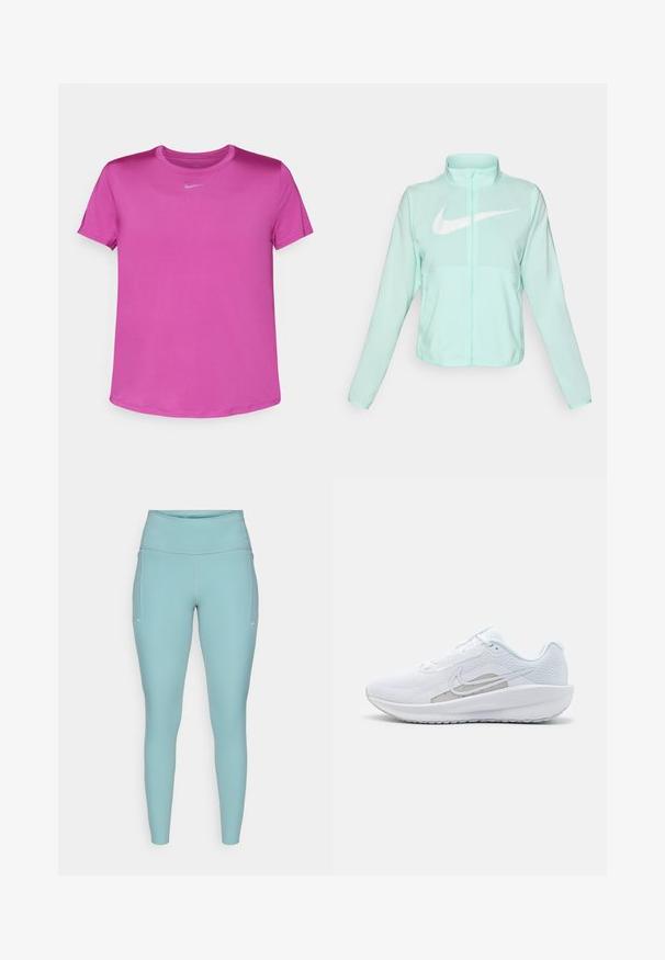 Minttu vihreä Nike-takki, jossa on korkea kaulus, täysi vetoketju, pitkät hihat ja suuri valkoinen swoosh-logo rinnassa. Kevyt kangas.; Nike Performance ONE CLASSIC TOP - Tekninen t-paita - hot fuchsia/black; Vaaleansiniset legginsit, jotka on valmistettu joustavasta materiaalista. Ne sisältävät korkean vyötärön, saumattoman muotoilun ja minimaalista valkoista yksityiskohtaa sivuilla.; Valkoinen urheilujalkine, jossa on verkkomateriaali ylhäällä, pyöreä varvas ja teksturoitu pohja. Varustettu hopeisella Nike-ikkunalla ja minimalistisella muotoilulla.