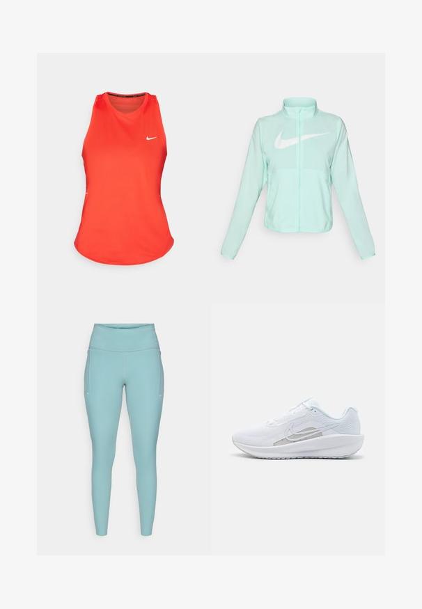 Jaka mint zelene Nike boje s visokim ovratnikom, punim patentnim zatvaračem, dugim rukavima i istaknutim bijelim Swoosh logom na prsima. Lagani materijal.; Crveni sportski majica bez rukava od lagane tkanine. Ima okrugli izrez, dizajn bez rukava i mali bijeli Nike logo sprijeda.; Svijetloplave tajice izrađene od rastezljivog materijala, s visokim pojasom, bezšavnim dizajnom i minimalnim bijelim detaljima sa strane.; Bijela atletska cipela s mrežastom gornjom površinom, zaobljenim nožnim prstom i teksturiranim potplatom. Sadrži srebrni Nike swoosh i minimalistički dizajn.