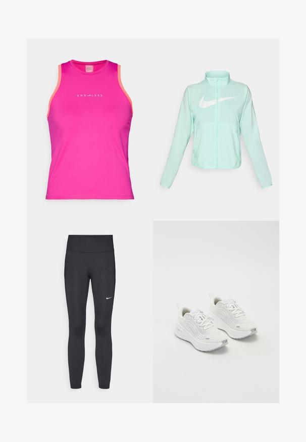 Veste Nike vert menthe avec un col haut, fermeture éclair complète, manches longues et un logo swoosh blanc bien visible sur la poitrine. Tissu léger.; Endless ESSENTIAL - Débardeur - deep fucsia; Leggings noirs en tissu extensible, dotés d'une taille haute et d'un logo Nike blanc sur la cuisse gauche. Texture lisse, design ajusté.; Baskets de sport blanches avec une tige en maille texturée, une semelle rembourrée et de subtils accents gris. Comprend un logo et une languette en boucle au talon pour un enfilage facile.