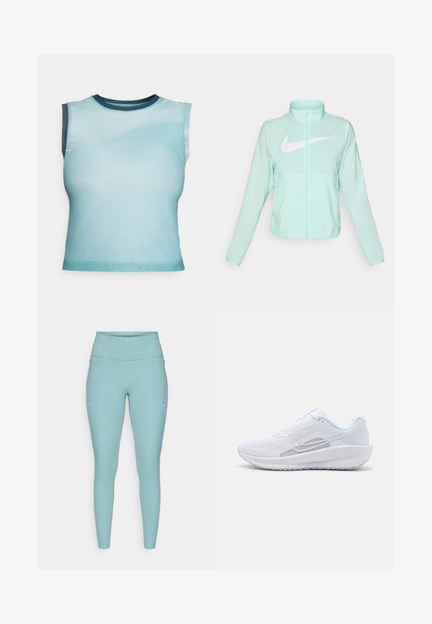 Mündroheline Nike jakk kõrge krae, täispikk tõmblukuga, pikkade varrukatega ja silmapaistva valge swoosh-logo kaeluse peal. Kerge kangas.; Sleeveta ülikond, mis on valmistatud siledast kergest kangast gradientse helesinise värvusega, tumeda sinise ümarate kraega ja kaarduva õmbluse üksikasjaga.; Heledad hallikas sininelegging, valmistatud venivast materjalist, millel on kõrge vöökoht, õmblusteta disain ja minimaalsed valged aktsendid külgedel.; Valge sportlik king, millel on võrgusilmast ülemine osa, ümar varvas ja tekstureeritud tallad. Omab hõbedast Nike logo ja minimalistikku disaini.