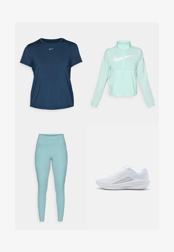 Casaco Nike verde menta com colarinho alto, fecho completo, mangas longas e um proeminente logótipo swoosh branco no peito. Tecido leve.; Nike Performance ONE CLASSIC TOP - T-shirt desportiva - armory navy/black; Leggings azul claro feitos de material elástico, com uma cintura alta, design sem costuras e mínimos detalhes brancos nas laterais.; Sapatilha atlética branca com parte superior em rede, bico arredondado e sola texturizada. Apresenta o símbolo Nike em prata e um design minimalista.