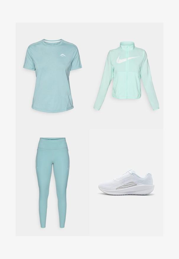 Casaco Nike verde menta com colarinho alto, fecho completo, mangas longas e um proeminente logótipo swoosh branco no peito. Tecido leve.; T-shirt de manga curta azul claro, feito de tecido suave, com um decote redondo e um pequeno logo branco no peito. Detalhes das costuras visíveis.; Leggings azul claro feitos de material elástico, com uma cintura alta, design sem costuras e mínimos detalhes brancos nas laterais.; Sapatilha atlética branca com parte superior em rede, bico arredondado e sola texturizada. Apresenta o símbolo Nike em prata e um design minimalista.