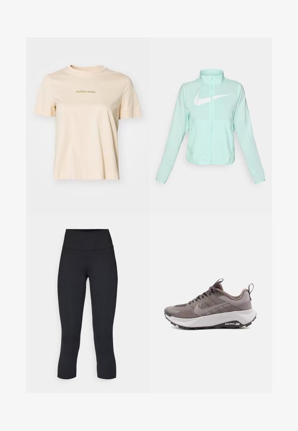 Mint zaļš Nike jaka ar augstu apkakli, pilnu rāvējslēdzēju, garām piedurknēm un izteiksmīgu balto swoosh logotipu uz krūtīm. Viegls audums.; Bežs kokvilnas T-krekls ar īsām piedurknēm, apaļu kaklu un zaļu "BJÖRN BORG" tekstu uz priekšpuses. Nedaudz brīvs piegriezums.; Melnas apgrieztas legingi, izgatavoti no elastīga auduma, ar augstu jostasvietu un gludu tekstūru, bez redzamām rakstu vai aksesuāriem.; Pelēkie Nike skriešanas apavi ar teksturētu augšdaļu, pastiprinātu purngalu, mīkstu starpkalni un melnu gumijas zoli. Iekļauti auklas un vilkšanas cilpa.