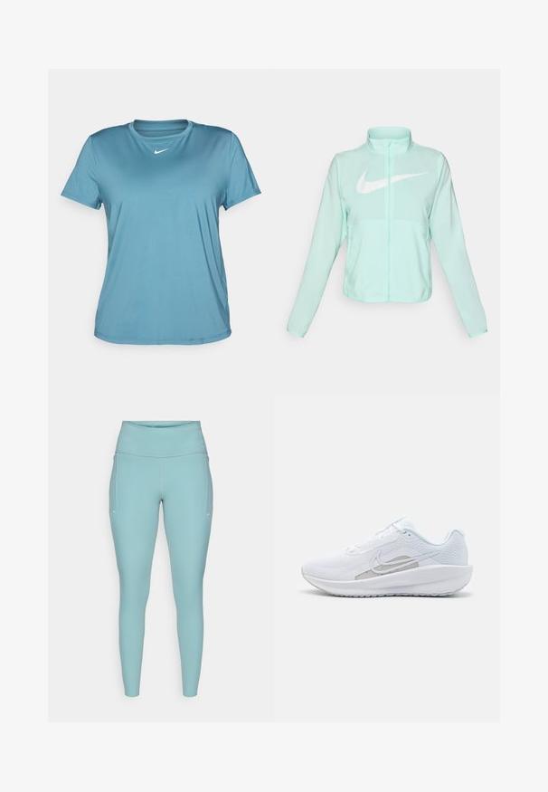Jaka mint zelene barve Nike z visokim ovratnikom, polnim zadrgo, dolgimi rokavi in izrazitim belim logotipom swoosh na prsih. Lahka tkanina.; Modra kratka športna majica s kratkimi rokavi, izdelana iz gladkega poliestra, s krožnim ovratnikom in diskretnim Nike logotipom na sprednji strani.; Svetlo modre leginge iz raztegljivega materiala, ki imajo visok pas, brezšivno zasnovo in minimalne bele poudarke na straneh.; Bela športna čevlja z mrežastim zgornjim delom, zaobljenim nosom in teksturiranim podplatom. Ima srebrni Nike znak in minimalističen dizajn.