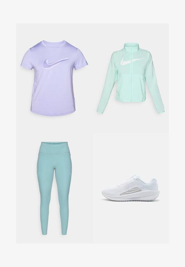 Mätovozelená Nike bunda s vysokým golierom, plným zipsom, dlhými rukávmi a výrazným bielym logom swoosh na hrudi. Ľahký materiál.; Fialová krátkoročná Nike tričko z hladkej tkaniny, so bielym logo swish na hrudníku a zaobleným výstrihom.; Svetlomodré legíny vyrobené z elastického materiálu, s vysokým pásom, bezšvovým dizajnom a minimálnymi bielymi akcentmi po stranách.; Biele atletické topánky s priedušným zvrškom, okrúhlym prstom a štruktúrovanou podrážkou. Obsahuje strieborný Nike swoosh a minimalistický dizajn.