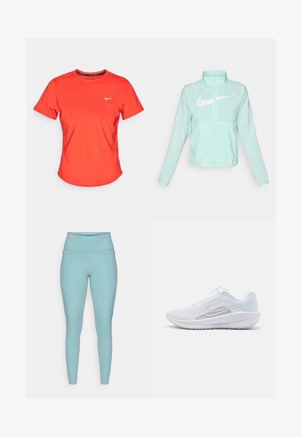 Jaka mint zelene Nike boje s visokim ovratnikom, punim patentnim zatvaračem, dugim rukavima i istaknutim bijelim Swoosh logom na prsima. Lagani materijal.; Crvena atletska majica od laganog materijala, s okruglim izrezom, kratkim rukavima i malim bijelim logotipom na prsima.; Svijetloplave tajice izrađene od rastezljivog materijala, s visokim pojasom, bezšavnim dizajnom i minimalnim bijelim detaljima sa strane.; Bijela atletska cipela s mrežastom gornjom površinom, zaobljenim nožnim prstom i teksturiranim potplatom. Sadrži srebrni Nike swoosh i minimalistički dizajn.