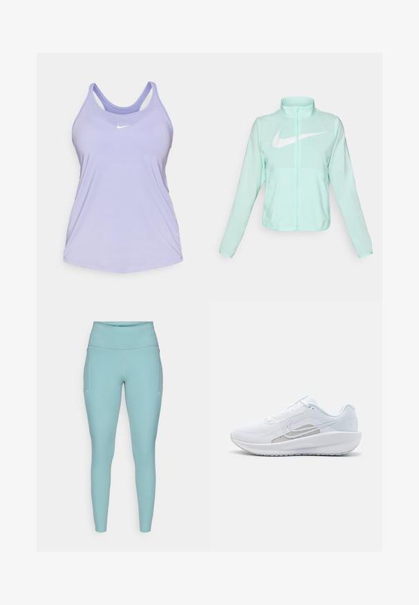 Mint zaļš Nike jaka ar augstu apkakli, pilnu rāvējslēdzēju, garām piedurknēm un izteiksmīgu balto swoosh logotipu uz krūtīm. Viegls audums.; Gaiši violets Nike bezdelīgas tops ar pieguļošu dizainu, kas iezīmējas ar šaurām siksniņām un mazu balto logo, kas izvietots krūšu centrā. Gluda auduma tekstūra.; Gaiši zili legingi, izgatavoti no elastīga materiāla, ar augstu jostasvietu, bezšuvju dizainu un minimālajiem baltajiem akcentiem sānos.; Baltas sporta apdedzinājums ar sietu augšdaļu, noapaļotu purngalu un teksturētu zoli. Tam ir sudraba Nike zvīņa un minimālisma dizains.