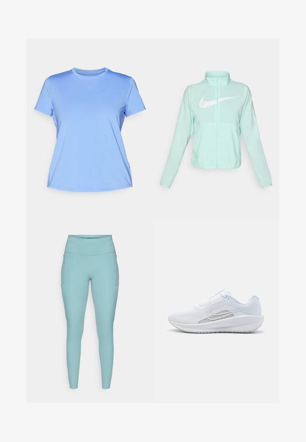 Chaqueta Nike de color verde menta con un alto cuello, cremallera completa, mangas largas y un prominente logo en forma de swoosh blanco en el pecho. Tejido ligero.; Nike Performance ONE CLASSIC TOP - Camiseta deportiva - royal pulse/black; Leggings de color azul claro, hechos de material elástico, con una cintura alta, diseño sin costuras y acentos blancos mínimos a los lados.; Zapatilla deportiva blanca con parte superior de malla, punta redondeada y suela texturizada. Presenta un swoosh de Nike plateado y un diseño minimalista.