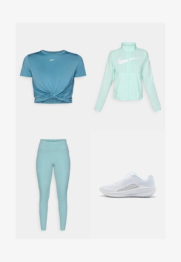 Casaco Nike verde menta com colarinho alto, fecho completo, mangas longas e um proeminente logótipo swoosh branco no peito. Tecido leve.; T-shirt curta azul de mangas curtas, feita de um tecido suave, com um design de frente atada e um logótipo branco da Nike no peito.; Leggings azul claro feitos de material elástico, com uma cintura alta, design sem costuras e mínimos detalhes brancos nas laterais.; Sapatilha atlética branca com parte superior em rede, bico arredondado e sola texturizada. Apresenta o símbolo Nike em prata e um design minimalista.