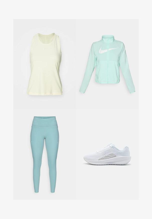 Mintgroene Nike-jas met een hoge kraag, volledige rits, lange mouwen en een opvallend wit swoosh-logo op de borst. Lichtgewicht stof.; Lichtgele mouwloze sportieve tanktop van gladde stof, met een ronde halslijn en een klein wit logo op de borst.; Lichtblauwe leggings gemaakt van rekbaar materiaal, met een hoge tailleband, een naadloos ontwerp en minimale witte accenten aan de zijkanten.; Witte sportieve schoen met een bovenwerk van mesh, ronde neus en een textuurzool. Beschikt over een zilveren Nike swoosh en een minimalistisch ontwerp.