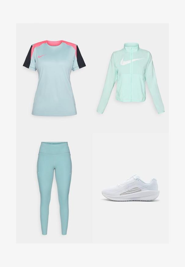 Mündroheline Nike jakk kõrge krae, täispikk tõmblukuga, pikkade varrukatega ja silmapaistva valge swoosh-logo kaeluse peal. Kerge kangas.; Hele sinine spordipuserik mustade varrukatega, millel on roosa õlavarre aktsent ja väike roosa Nike logo rinnal. Tekstuuriga kangas.; Heledad hallikas sininelegging, valmistatud venivast materjalist, millel on kõrge vöökoht, õmblusteta disain ja minimaalsed valged aktsendid külgedel.; Valge sportlik king, millel on võrgusilmast ülemine osa, ümar varvas ja tekstureeritud tallad. Omab hõbedast Nike logo ja minimalistikku disaini.