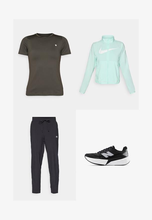 Mentazöld Nike dzseki magas gallérral, teljes cipzárral, hosszú ujjakra és egy kiemelkedő fehér swoosh logóra a mellkason. Könnyű szövet.; Rövid ujjú sportpóló sötét olajzöld színben, sima, könnyű anyagból készült. A mellkasán egy kis logó található.; Fekete futónadrág, könnyű anyagból készült, elasztikus derékkal és állítható húzózsinórral. Az oldalon egy kis logó található.; Fekete-fehér New Balance futócipő vastag talppal, hálós felsőrésszel és "N" logóval az oldalon, külső nézetből.