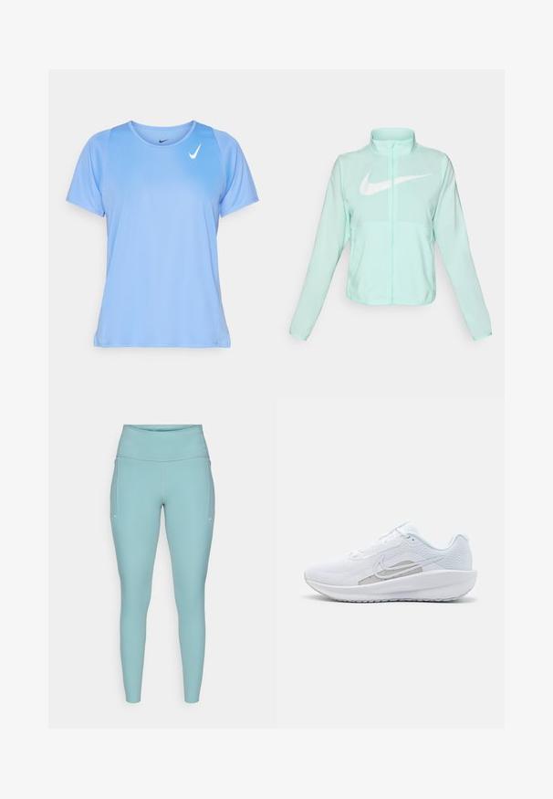 Mündroheline Nike jakk kõrge krae, täispikk tõmblukuga, pikkade varrukatega ja silmapaistva valge swoosh-logo kaeluse peal. Kerge kangas.; Nike Performance FAST TOP - Spordi T-särk - royal pulse/reflective silver; Heledad hallikas sininelegging, valmistatud venivast materjalist, millel on kõrge vöökoht, õmblusteta disain ja minimaalsed valged aktsendid külgedel.; Valge sportlik king, millel on võrgusilmast ülemine osa, ümar varvas ja tekstureeritud tallad. Omab hõbedast Nike logo ja minimalistikku disaini.