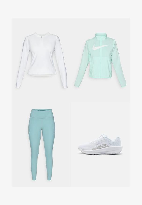Casaco Nike verde menta com colarinho alto, fecho completo, mangas longas e um proeminente logótipo swoosh branco no peito. Tecido leve.; Top branco de mangas compridas com gola meia-cintura com fecho de correr, feito de tecido liso. Apresenta uma bainha arredondada e um detalhe minimalista de logótipo no peito.; Leggings azul claro feitos de material elástico, com uma cintura alta, design sem costuras e mínimos detalhes brancos nas laterais.; Sapatilha atlética branca com parte superior em rede, bico arredondado e sola texturizada. Apresenta o símbolo Nike em prata e um design minimalista.