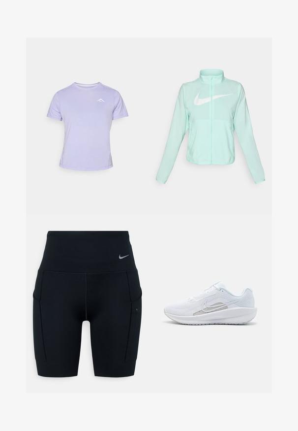 Mint zaļš Nike jaka ar augstu apkakli, pilnu rāvējslēdzēju, garām piedurknēm un izteiksmīgu balto swoosh logotipu uz krūtīm. Viegls audums.; Gaiši violets īss piedurkņu T-krekls no mīksta auduma, ar nelielu baltu logotipu kreisajā krūtīs un apaļu kakla izgriezumu.; Melni augsto vidukļa sporta šorti, izgatavoti no elastīga materiāla; satur sānu kabatas un mazu Nike logo uz jostas.; Baltas sporta apdedzinājums ar sietu augšdaļu, noapaļotu purngalu un teksturētu zoli. Tam ir sudraba Nike zvīņa un minimālisma dizains.