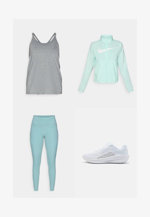 Jaka mint zelene barve Nike z visokim ovratnikom, polnim zadrgo, dolgimi rokavi in izrazitim belim logotipom swoosh na prsih. Lahka tkanina.; Siv tank top za atletske aktivnosti iz mehkega, teksturiranega materiala, z dvojnimi naramnicami in majhnim logotipom Nike na prsih.; Svetlo modre leginge iz raztegljivega materiala, ki imajo visok pas, brezšivno zasnovo in minimalne bele poudarke na straneh.; Bela športna čevlja z mrežastim zgornjim delom, zaobljenim nosom in teksturiranim podplatom. Ima srebrni Nike znak in minimalističen dizajn.