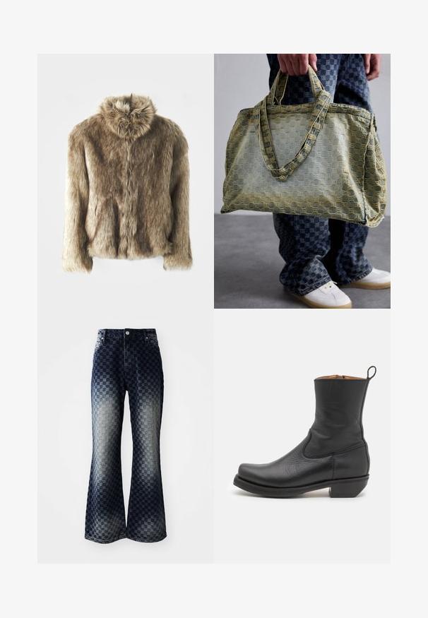 Umelý kožuch v hnedých odtieňoch s prekladaným golierom. Má predné zapínanie, dlhé rukávy a mäkký, textúrovaný povrch.; Dlhý rukáv termo tričko v olivovo zelenej farbe s priliehavým strihom, ktoré má vysoký golier a kontrastnú pruhovanú textúru. Názov značky "MISBHV" je výrazne zobrazený.; Rozšírené džínsy z denimu s ombre šachovnicovým vzorom prechádzajúcim z tmavej na svetlú, so zipsovým zapínaním, klasickým designom s piatimi vreckami a striebornými doplnkami.; Čierne kožené členkové topánky s hladkým povrchom, štíhlym profilom, bočným šitím a nízkym štvorcovým podpätkom. Obsahujú pútko na zadnej strane.; Osoba drží veľkú textúrovanú žltú a modrú tašku, má na sebe modré kockované nohavice a biele tenisky na šedej podlahe.