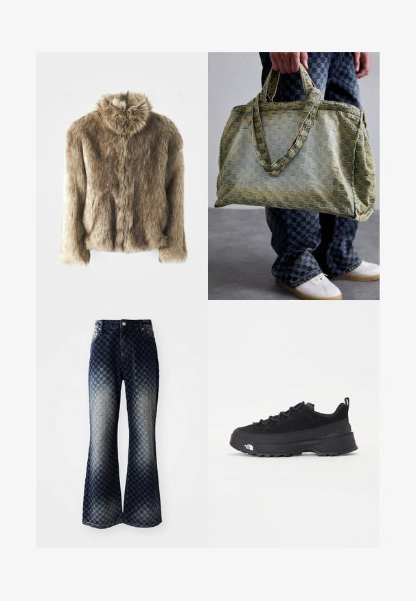 Nepvachtjack in bruintinten met een omgeslagen kraag. Heeft een voorklep, lange mouwen en een zachte, gestructureerde oppervlakte.; Langarm thermoshirt in olijfgroen met een nauwsluitend ontwerp, voorzien van een hoge hals en contrasterende gestreepte textuur. Merknamen "MISBHV" prominent weergegeven.; Uitlopende spijkerbroek met een donker naar licht ombre ruitpatroon, voorzien van een ritsgulp, een klassieke vijf-pocketdesign en accenten van zilverkleurige hardware.; Zwarte outdoor sneaker met een suede bovenkant, een gestructureerde rubberen zool en een stevig vetersysteem. Heeft een versterkte hiel en een merklogo aan de zijkant.; Een persoon houdt een grote, gestructureerde gele en blauwe tote bag vast, draagt blauwe geblokte broek en witte sneakers op een grijze vloer.