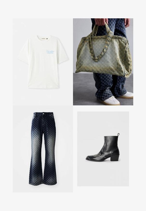 Dirbtinio kailio švarkas rudos spalvos atspalvių su apvartu. Turi priekinį užsegimą, ilgus rankovės ir minkštą, tekstūruotą paviršių.; Balta medvilninė marškinė su laisvu siluetu, turinti apvalų iškirpimą. Viršutiniame kairiajame kampe matomas šviesiai mėlynas tekstinis dizainas. Audinys su tekstūra.; Platus džinsai su tamsiai šviesiu ombre languotu raštu, turintys užtrauktuką, klasikinį penkių kišenių dizainą ir sidabrinius aksesuarus.; Juodos odinės ankle batai su kvadratiniu pirštu, dekoratyviomis siūlėmis ir žemu blokiniu kulnu. Turės trauktuką, kad būtų lengva apsiauti.; Asmuo laiko didelę tekstūruotą geltoną ir mėlyną rankinę, vilkintis mėlynus languotus kelnes ir baltus sportbačius ant pilko grindų.