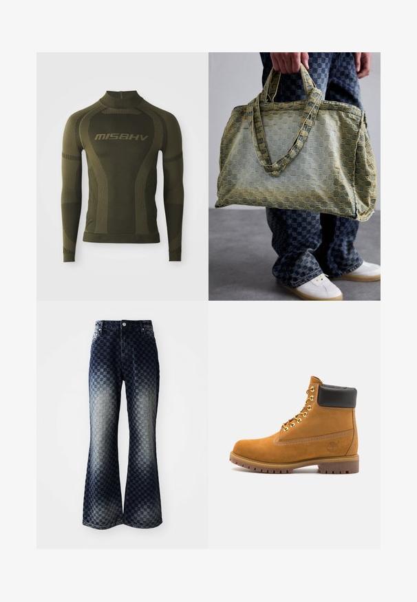 Barna árnyalatú műszőrme dzseki hajtott gallérral. Elől záródik, hosszú ujjak vannak rajta, és puha, textúrált felülete van.; Hosszú ujjú hőszigetelő póló olívazöld színben, testhezálló kialakítással, magas nyakkal és kontrasztos csíkozott textúrával. A "MISBHV" márkaneve feltűnően látható.; Fellőtt farmernadrág sötétből világosba átmenetes kockás mintával, cipzáras nyitással, klasszikus öt zsebes kialakítással és ezüst színű fém részletekkel.; Barna velúr bokacipő fekete párnázott gallérral, arany fém fűzőlyukakkal, fehér varrási részletekkel és durva gumitalppal, amelynek kifejezett barázdái vannak.; Személy egy nagy, texturált sárga és kék válltáskát tart, kék kockás nadrágot és fehér sportcipőt visel egy szürke padlón.