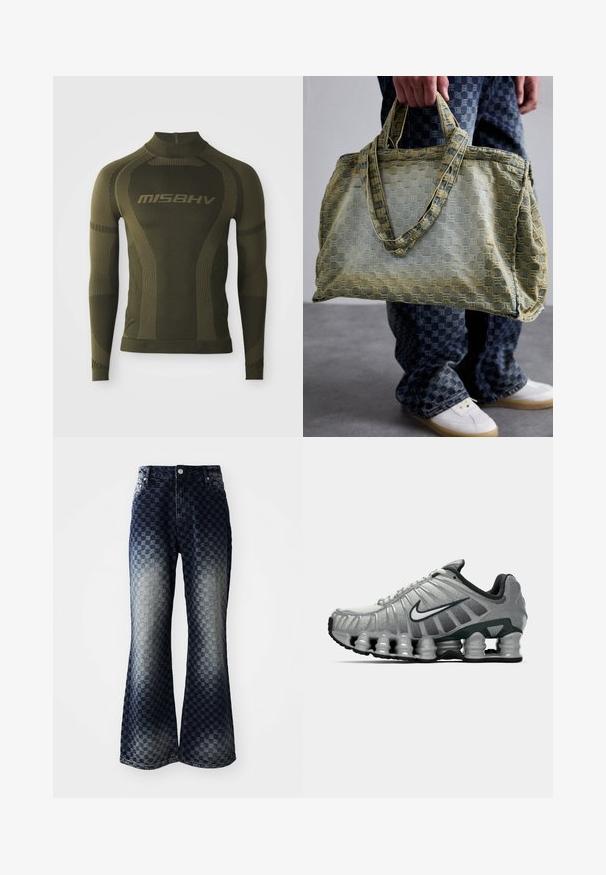 Dirbtinio kailio švarkas rudos spalvos atspalvių su apvartu. Turi priekinį užsegimą, ilgus rankovės ir minkštą, tekstūruotą paviršių.; Alyginė su ilgomis rankovėmis termodinaminė marškinėliai olivų žaliame tonu, su prigludusia forma, turintys aukštą kaklą ir kontrastingą dryžuotą tekstūrą. Prekės ženklas "MISBHV" aiškiai matomas.; Platus džinsai su tamsiai šviesiu ombre languotu raštu, turintys užtrauktuką, klasikinį penkių kišenių dizainą ir sidabrinius aksesuarus.; Pilkai juodas Nike bėgimo batas su matomu pavasario tipo amortizacija po padu ir baltu swoosh logotipu šone.; Asmuo laiko didelę tekstūruotą geltoną ir mėlyną rankinę, vilkintis mėlynus languotus kelnes ir baltus sportbačius ant pilko grindų.