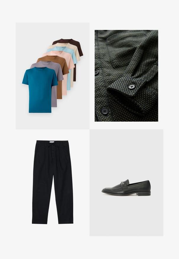 Textureret mørkegrøn stof med lille ternet mønster, der har en foldet ærme og sorte knapper. Bemærkelsesværdig syning.; Sæt af otte rundhalsede t-shirts i forskellige farver: teal, brun, beige, lyseblå, lyserød, grå og lavendel, lavet af glat stof.; Pier One Chino - black; Sorte læder loafers med en glat finish, der har et syet design og et dekorativt metal kædeaccent hen over vamps. Flad hæl.