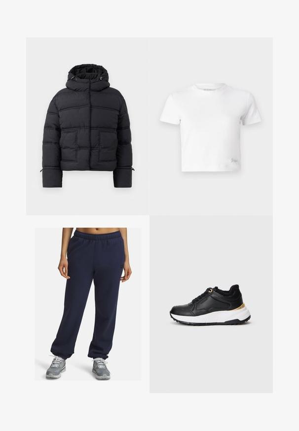 Zwarte gewatteerde jas met een hoge kraag, twee voorzakken en een trekkoordcapuchon. Kenmerkt zich door een gewatteerd ontwerp en ribbelmanchetten voor extra warmte.; Witte cropped t-shirt van zacht katoen, met een hoge hals en korte mouwen. Klein geborduurd logo in de onderhoek.; Marineblauwe joggingbroek met een elastische tailleband, boorden bij de enkels en een subtiel logo aan de zijkant, gemaakt van zacht, ademend materiaal.; Zwarte sneaker van leer met een gestructureerde afwerking, voorzien van een witte tussenzool, zwarte buitenzool en een gouden accent bij de hiel. Vetersluiting.