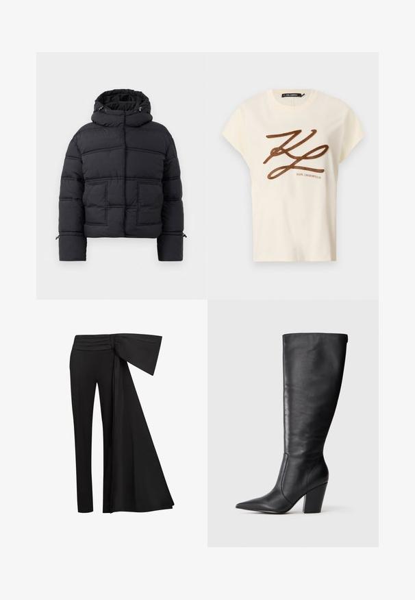 Casaco acolchoado preto com colarinho alto, dois bolsos frontais e capuz com cordão. Apresenta um design acolchoado e punhos canelados para maior aquecimento.; T-shirt de algodão creme, com mangas curtas, apresentando um logótipo brocado castanho e um design em letra na parte da frente.; Calças pretas com um amplo detalhe drapeado na cintura. Tecido suave, corte de perna reta e cintura pregueada.; Bota de couro preta até ao joelho com bico apontado e salto alto robusto, apresentada em perfil lateral esquerdo sobre fundo branco.