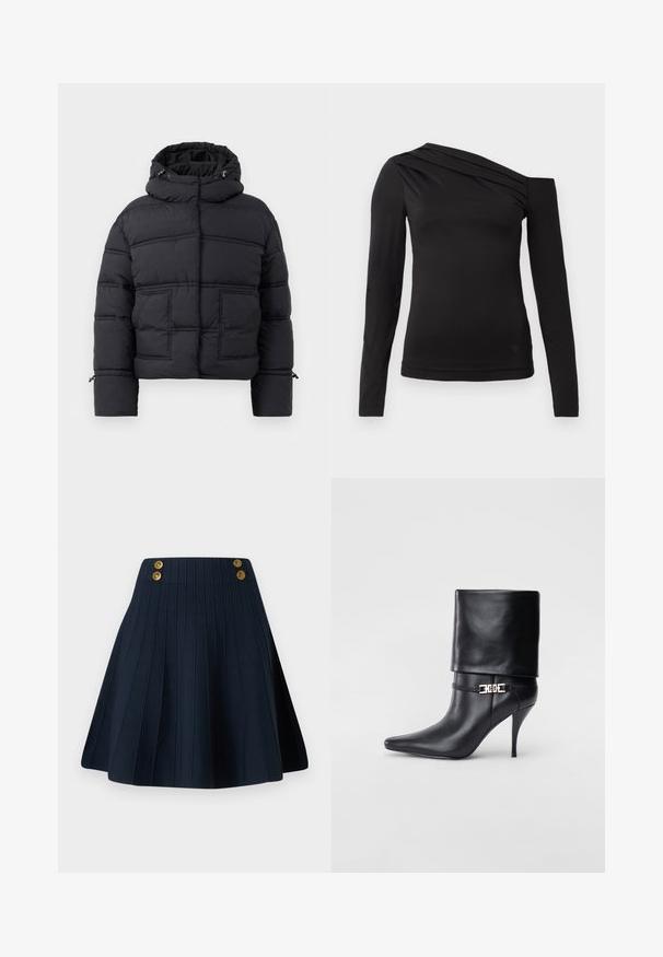 Geacă neagră căptușită cu guler înalt, două buzunare frontale și glugă cu șnur. Dispune de un design matlasat și de manșete ribbate pentru un plus de căldură.; Top negru cu mâneci lungi și decolteu asimetric, având un umăr expus și drapaj delicat pe piept.; Fustă plisată bleumarin, cu un material texturat, talie înaltă și două butoane aurii în față, creând o linie curată și o formă bine structurată.; Botine negre din piele, cu vârf ascuțit, toc înalt și subțire, cu manșetă pliată și un detaliu decorativ cu cataramă aurie la gleznă.