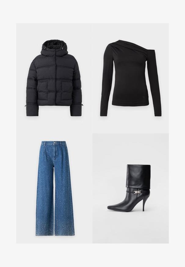 Svart vadderad jacka med hög krage, två framfickor och justerbar huva. Har en kviltad design och ribbade muddar för extra värme.; Svart långärmad topp med asymmetrisk halsringning, som har en axel bar och mjuk drapering över bröstet.; Bredvidbyxor i blå denim med en urtvättad look, med spridda flerfärgade dekorationer på nedre halvan och en standard midja.; Svart läderankelstövel med spetsig tå, hög stilettklack, vikbar mudd och ett dekorativt guldfärgat spänne på ankeln.