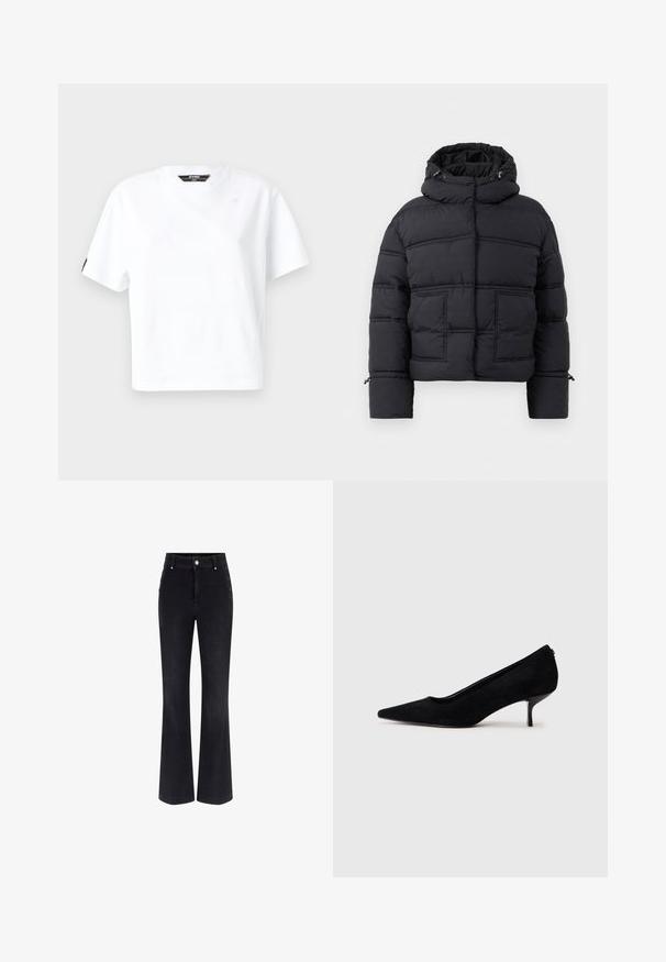 Black padded jacket with a high collar, two front pockets, and drawstring hood. Features quilted design and ribbed cuffs for added warmth.; White cotton t-shirt, short sleeves, crew neck, featuring a small logo on the front and a black accent on the left sleeve.; Black denim flared jeans featuring a high waist, five-pocket design, and metallic button accents on the sides. Smooth texture and classic fit.; Black suede high heel shoe with a pointed toe and a slim, low heel. Smooth texture with a sleek design, featuring no visible hardware.