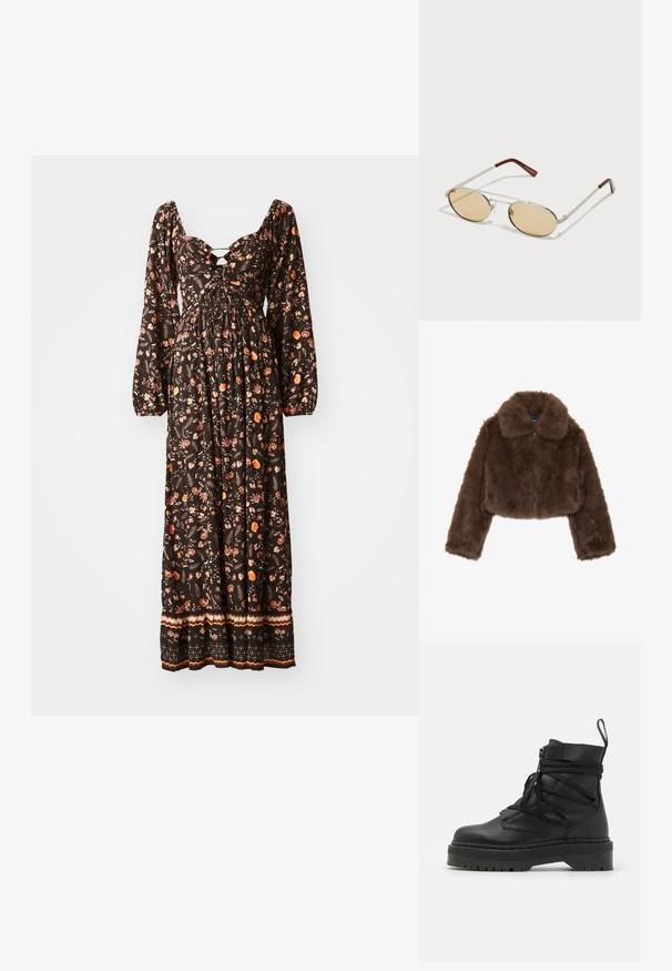 Jachetă scurtă din blană ecologică maro, cu un guler larg, închidere cu fermoar frontal și mâneci lungi. Textură moale cu un aspect pufoș.; Rochie maxi neagră cu imprimeu floral, cu mâneci lungi tip balon, decolteu rotund, corp plisat și tiv cu model. Prezintă desene florale colorate.; Cizmă de gleznă din piele neagră, cu un talon texturat robust, dotată cu închidere cu fermoar, design cu șireturi și o bucată de prindere la spate.; Ochelari de soare din metal cu lentile ovale, de nuanță maro deschis. Ramă subțire din argint cu accente texturate și vârfuri roșu-maro pe brațe.