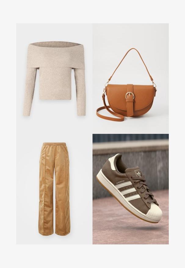 Brūns mākslīgā kažokādā veidots īsais žakets ar plašu apkakli, priekšējo rāvējslēdzēju un garām piedurknēm. Mīksta tekstūra ar pūkainu izskatu.; Bēšas off-the-shoulder ribbed adītas džemperis ar garām piedurknēm un pieguļošu augšu, ar plašu, salocītu apkakli un teksturētu audumu.; Gaiši brūnas platās kājas bikses, kas izgatavotas no mīksta, samtaina materiāla. Iezīmēta ar elastīgu jostu un vertikālām šuvēm gar priekšpusi, lai pievienotu papildu detaļas.; Brūni zamšādas sporta apavi ar baltām svītrām, krēmkrāsas akcentiem un gumijas purngalu. Piedāvā saistīšanas dizainu un teksturētu gumijas zoli.; Brūns ādas plecu soma ar izliekta formu, zelta piederumiem un sprādzes akcentu. Iesaiņota ar noņemamu plecu siksnu.