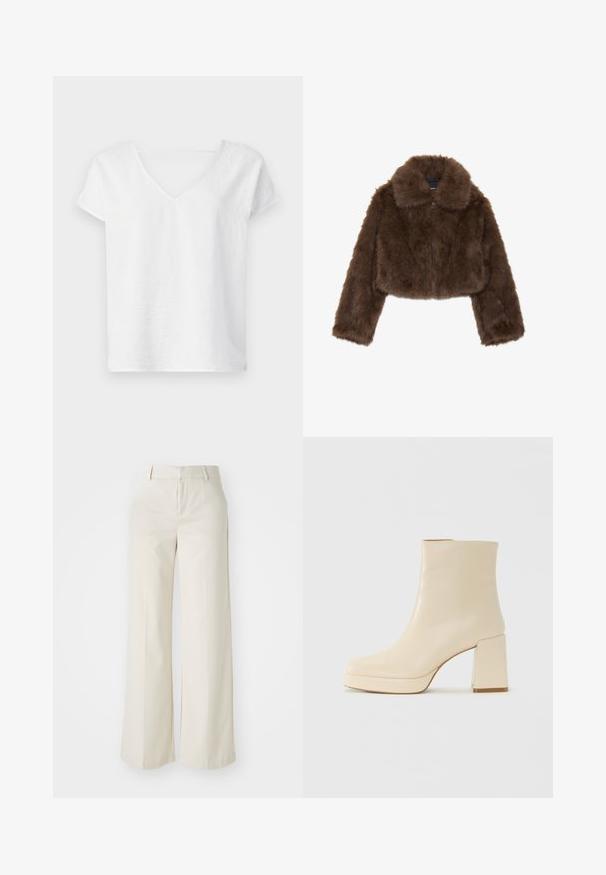 Brown faux fur cropped jacket with a wide collar, front zip closure, and long sleeves. Soft texture with a fluffy appearance.; White linen shirt with a relaxed fit, short sleeves, and a V-neck design. Features a slightly textured surface and side slits for ease of movement.; Wide-leg trousers in a light beige color, made of a smooth fabric. Features a classic waistband and flat front with clean lines.; Beige leather ankle boot with block heel and platform sole, smooth finish, and slightly squared toe facing left on white background.