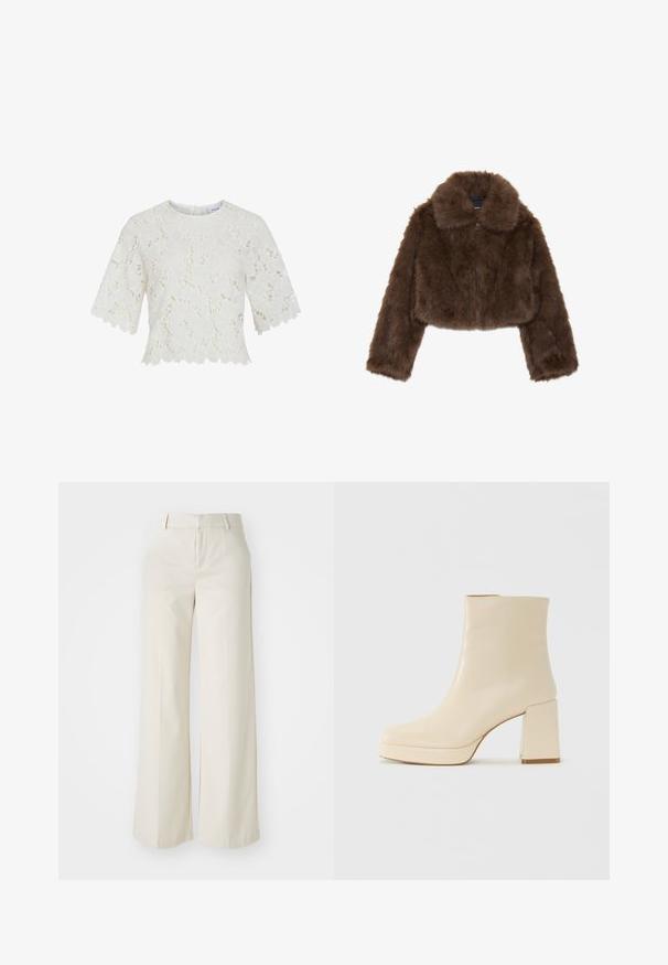 Veste cropped en fausse fourrure marron avec un large col, fermeture éclair à l'avant et manches longues. Texture douce avec une apparence duveteuse.; Blouse en dentelle blanche à manches courtes, motif floral, ourlet en zigzag et encolure ronde. Tissu léger, détails complexes partout.; Pantalons évasés de couleur beige clair, fabriqués dans un tissu lisse. Dotés d'une taille classique et d'un devant plat aux lignes épurées.; Botte chelsea en cuir beige avec un talon bloc et une semelle à plateforme, finition lisse et pointe légèrement carrée, tournée vers la gauche sur un fond blanc.
