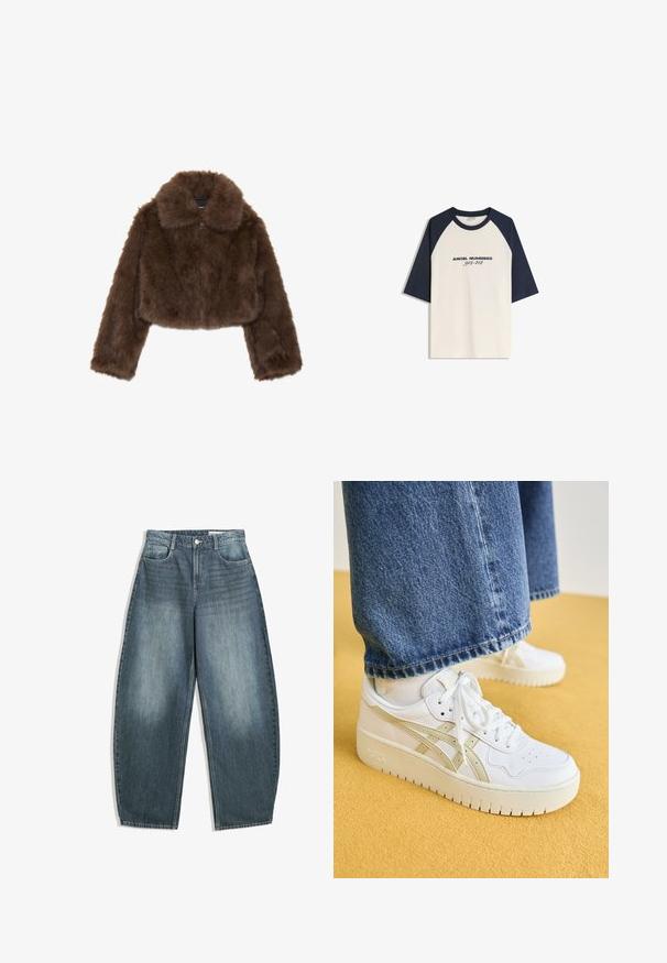 Barna műszőrme cropped dzseki széles gallérral, elülső cipzárral és hosszú ujjakkal. Puha tapintású, bolyhos megjelenésű.; Krém színű raglán ujjú póló sötétkék ujjaival, elöl fekete színben "ANGEL NUMBERS 912-412" felirattal. Pamut keverék anyag.; Világoskék farmer széles lábú nadrág, magas derékkal, öt zsebbel, finom elhalványodással és varrásmintákkal a varrások mentén.; Fehér sportcipők világos bézs kiegészítőkkel, texturált bőr, lapos fűzők és gumitalp. Kék farmer széles szárú nadrággal párosítva.