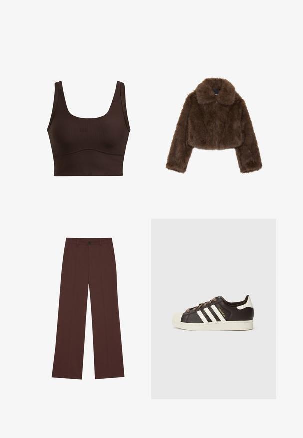 Rudas dirbtinio kailio trumpa striukė su plačia apykakle, priekiniais užtrauktukais ir ilgomis rankovėmis. Minkšta tekstūra su pūkuotu išvaizdu.; Ruda įsiūta trumpa palaidinė su plačiomis petnešomis, kvadratiniu iškirpimu ir lygiais siūlų galais prie juosmens, pasižyminti sklandžiu paviršiumi.; Platūs kelnės iš turtingos rudos medžiagos. Savybėse yra mygtukų uždarymas, dvi priekinės kišenės, lygi tekstūra ir švarios linijos.; Žemiaaukštis Adidas Superstar sportinis batelis tamsiai rudos spalvos odos, su kreminės spalvos apsaugine toe dalimi, baltais dryžiais ir „Superstar“ užrašu šone.