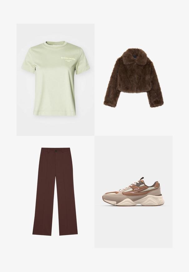Hnedý umelý kožúšok s krátkym strihom, širokým golierom, predným zipsom a dlhými rukávmi. Mäkká textúra s nadýchaným vzhľadom.; Svetlozelené bavlnené tričko s okrúhlym výstrihom a krátkymi rukávmi. Na prednej strane je biele potlačený text "BJÖRN BORG STOCKHOLM 1956."; Široké nohavice z bohatého hnedého materiálu. Majú zapínanie na gombík, dve predné vrecká, hladkú textúru a čisté línie.; Fila RECADE - Tenisky - oxford tan/pale mauve