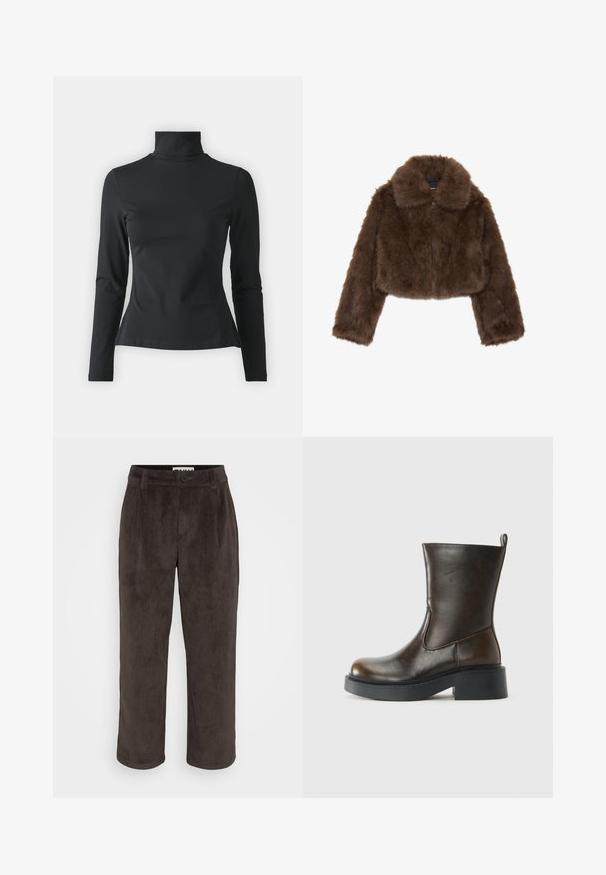 Brown faux fur cropped jacket with a wide collar, front zip closure, and long sleeves. Soft texture with a fluffy appearance.; Even&Odd Petite Long sleeved top - black; Brown corduroy trousers featuring a straight-leg design, subtle texture, and a front button closure with side pockets.; Dark brown mid-calf leather boot with a rounded toe, thick black sole, low block heel, and pull tab at the back.