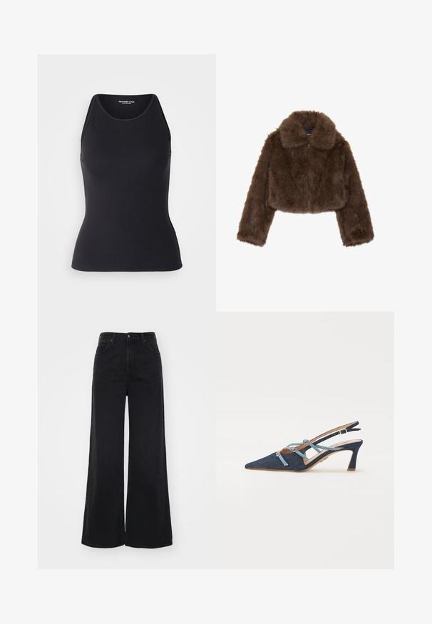 Brun fuskepels cropped jakke med bred krave, lynlåslukning foran og lange ærmer. Blød tekstur med en fnugget fremtoning.; Abercrombie & Fitch HIGHNECK 4WAY CURVE HEM CAMI - Top - black beauty; Højalede sorte bukser med bred benvidde, for- og baglommer, bæltestropper og knaplukning.; Denim slingback sko, spids tå, lyseblå remme med sløjfer, mellem hæl, struktureret stof, tan indersål, minimal syning, strømlinet design.