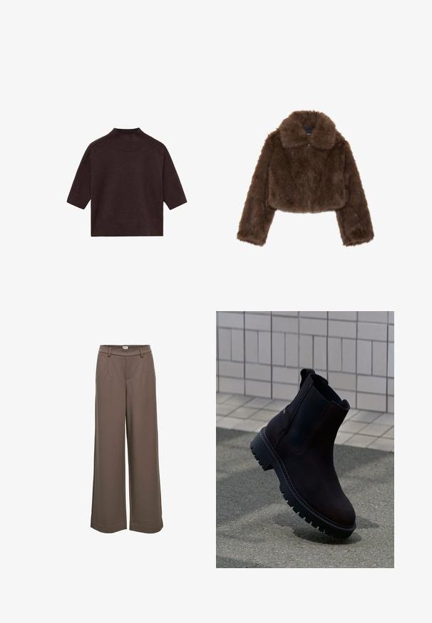 Brun fuskepels cropped jakke med bred krave, lynlåslukning foran og lange ærmer. Blød tekstur med en fnugget fremtoning.; Mango T-shirts basic - brown; Bredde bukser i en blød, brun stof. Har en høj talje, to forlommer og en glat struktur med et afslappet design.; Brune læder ankelstøvler med sorte elastiske sidepaneler og en tyk, robust sål. Bemærkelsesværdig syning rundt om kanterne.