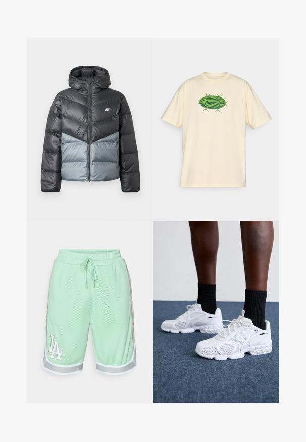 Fodrad jacka med huva, med en färgblockdesign i mörkgrått och ljusgrått, dragkedjestängning och logotyp på bröstet.; Ljust beige T-shirt med korta ärmar som har en grön oval grafisk bild av en Nike-swoosh omgiven av stiliserade törnen i mitten.; Ljusgröna meshshorts med vitt LA-logotyp, elastiskt midjeband, dragsko och blommiga sidostrykar. Funkar grå kant vid fållen.; Vita sportskor med meshovandel, texturerade detaljer och välvd sula. Matchade med svarta ribbade ankelsockor på en blå heltäckningsmatta.