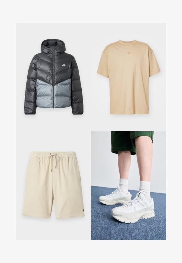 Padded jacket with a hood, featuring a color block design in dark gray and light gray, zip closure, and logo on the chest.; Šviesiai smėlinis medvilninis marškinėliai su apvaliomis iškirpėmis, trumpomis rankovėmis ir mažuoju siuvinėtu Nike logotipu oranžine spalva ant krūtinės. Šiek tiek laisvas kirpimas.; Bežiniai kordūrojo šortai su elastinga juosta ir raišteliu, turintys subtilų vertikalų grublėtą tekstūrą ir mažą etiketę šone.; Baltos sportinės bateliai su tekstūruotais uždengimais, masyviu padu ir pilkais akcentais. Dėvimi su baltais trumpais kojiniais ir žaliais šortais mėlyname paviršiuje.