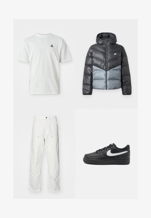 Casaco acolchoado com capuz, apresentando um design de bloco de cores em cinza escuro e cinza claro, fechamento por zip e logotipo no peito.; Camiseta branca de manga curta com um pequeno logótipo triangular preto contendo "acg" no lado esquerdo do peito, fundo simples.; Calças cargo brancas em algodão com um corte descontraído. As características incluem bolsos frontais, detalhes em metal dourado e áreas de joelhos reforçadas.; Tenis Nike Air Force 1 pretos com parte superior em couro liso, detalhe do logo branco, bico perfurado e sola em borracha texturizada.