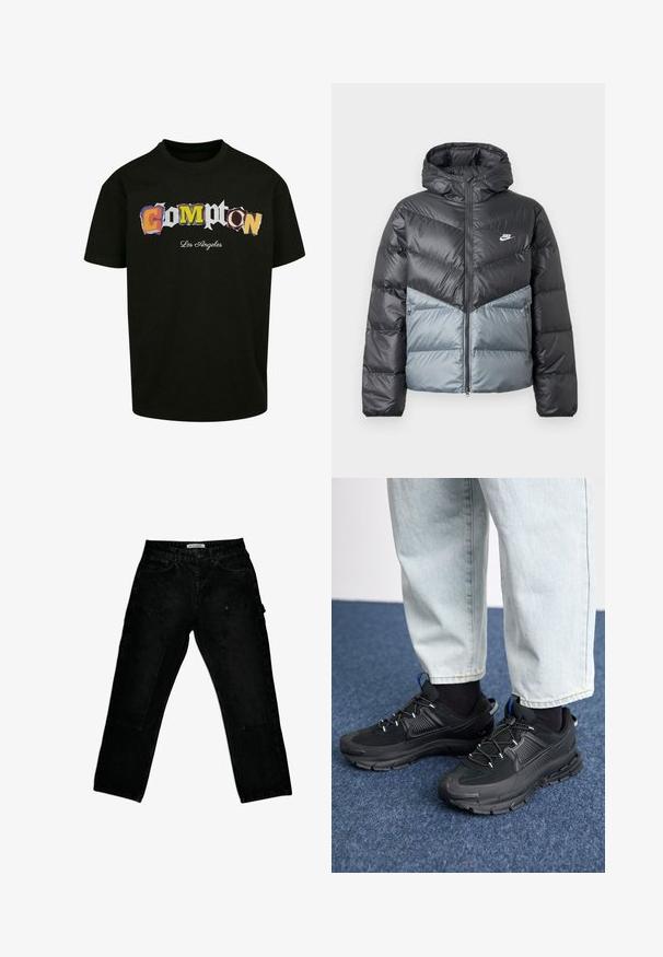 Polsterdatud jakk kapuutsiga, tumehall ja helesinine värvikombinatsioon, tõmbluku sulgemine ja logo rinnal.; Must have lühikeste varrukatega must T-särk, mille esiküljel on mitmevärviline lõigatud stiilis tekst "Compton Los Angeles". Puuvillane materjal.; Mustad denim cargo püksid, millel on neon lõige, kaks külgtaskut ja nuppluku. Tekstureeritud kangas klassikalise disainiga.; Mustad mustad jooksukingad, millel on tekstureeritud kangas ja kummist tallad, elastsed nöörid ning sinine aksent kandadel. Kandmine heledate teksadega.