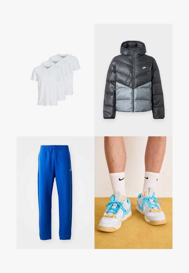 Podložena jakna z kapuco, ki ima barvno blokiranje v temno sivi in svetlo sivi barvi, zadrgo na sprednji strani in logotipom na prsih.; Tri bele kratke majice s kratkimi rokavi v izrezom v obliki črke V, narejene iz bombaža, ki imajo preprost dizajn s kontrastnim izrezom in diskretnim logotipom blagovne znamke znotraj.; Modre trenirke iz mehkega blaga, z elastičnim pasom in vrvico, zožanimi nogami ter majhnim logotipom na strani.; Svetlo modri športni copati s bež podplati, ki se ponašajo z izrazitimi turkiznimi vezalkami in rumenimi poudarki. Teksturne materiale in vidno zračno blaženje.