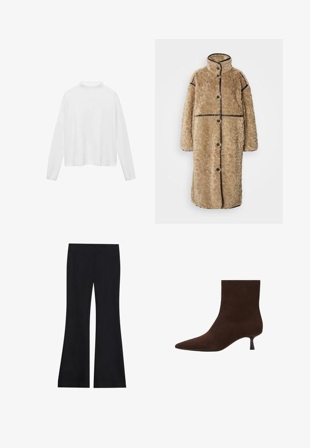 Lysbrun faux-fur frakke med en tekstureret overflade, høj krave, sorte kantbånd og knapper foran. Har lange ærmer og en afslappet pasform.; Hvid bluse med lange ærmer og høj halsudskæring. Blødt stof, afslappet pasform og sideslids. Glat tekstur uden mønstre eller pynt.; Sorte flagrende bukser lavet af blødt, strækbart stof; har en glat talje og et bredt ben design; sømløs finish hele vejen igennem.; Brun ruskindsankelstøvle med spids tå og en slank lav hæl. Glat overflade, sømløst design og diskret silhuet.