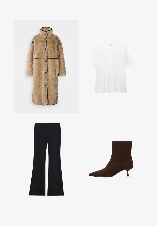 Svetlohnedý kabát z umelého kožúška s textúrovaným povrchom, vysokým golierom, čiernym lemovaním a prednými gombíkmi. Má dlhé rukávy a voľný strih.; Jednoduché biele tričko vyrobené z bavlny s okrúhlym výstrihom, krátkymi rukávmi a voľným strihom. Hladká textura bez vzorov alebo akcentov.; Čierne rozšírené nohavice vyrobené z mäkkého, elastického materiálu; majú hladký pás a široký strih nohavíc; bezšvový povrch po celej dĺžke.; Hnedá semišová členková čižma s špicatou špičkou a tenkým nízkym opätkom. Hladký povrch, bezšvový dizajn a nenápadný silueta.
