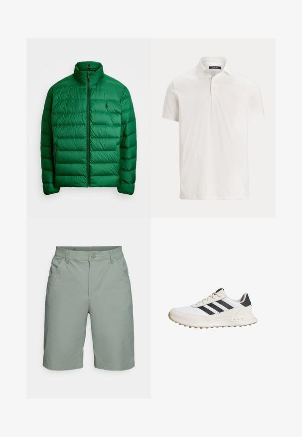 Zeleni puffer jakna s visokim ovratnikom, prednjim zatvaračem i horizontalnim k quiltingom. Ima mali logo na lijevoj strani prsnog koša. Mekani, sjajni materijal.; Muška bijela polo majica s kratkim rukavima, ovratnikom, s dva gumba i suptilnom logotipom na unutarnjem dijelu ovratnika.; Svjetlozelene kratke hlače od glatkog materijala, s kopčanjem na dugme, petljama za remen i bočnim džepovima. Jednostavan dizajn s ušivenim detaljima.; Bijele atletske tenisice s crnim prugama, s teksturiranom gumenom potplatom, glatkim kožnim gornjim dijelom i jastučićem oko gležnja za potporu.
